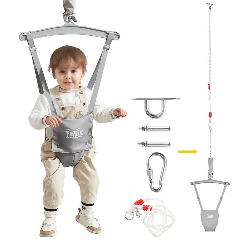 FUNLIO Baby Jumper with a Ceiling Hook for 6-24 Months, Baby Door Jumper for Indoor/Outdoor Play, Infant Jumper Doorway with Adjustable Chain, Easy to Assemble & Store (with a Ceiling Hook)- Grey - Image 1